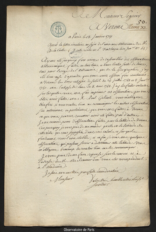 Lettre de Joseph-Nicolas Delisle à Jean François Séguier, Paris, 18 janvier 1751