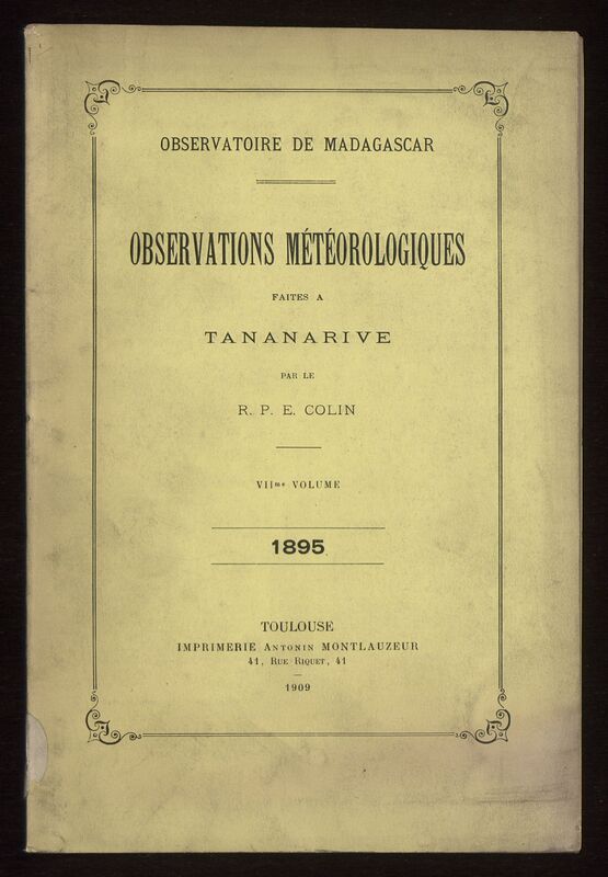 (1909_7) Observations météorologiques faites à Tananarive