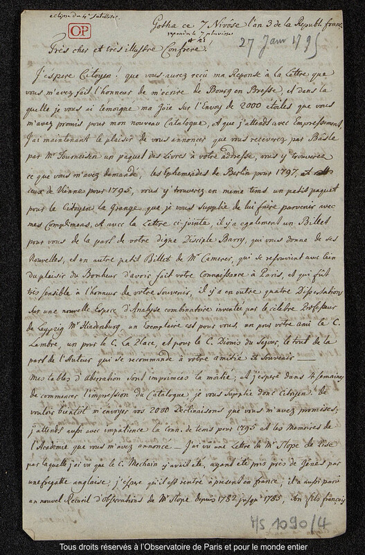 Lettre du baron Franz Xaver von Zach à Joseph Jérôme Le françois de Lalande Gotha,7 nivôse an III