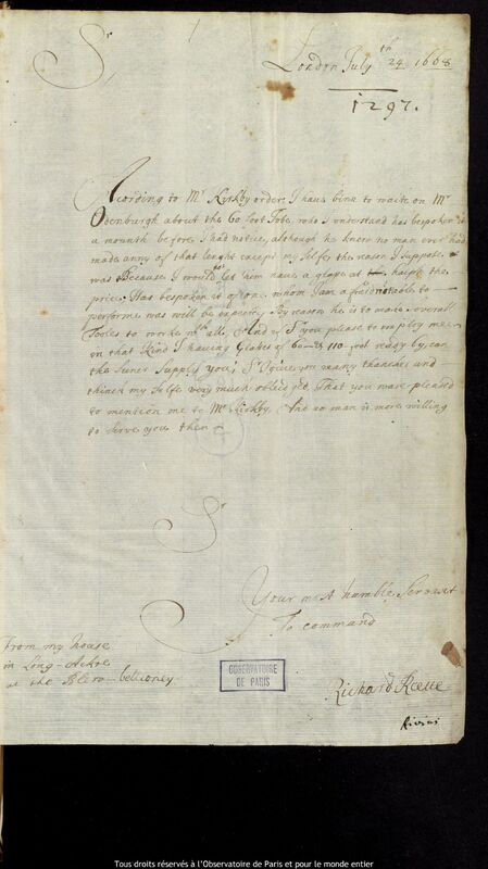 Lettre de Richard Reeve à Jan Heweliusz, Londres, 1er juillet 1668