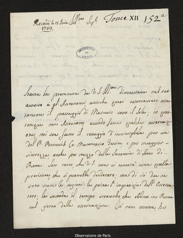 Lettre de Giovanni Battista Audiffredi à Joseph-Nicolas Delisle, Rome, 28 mai 1753