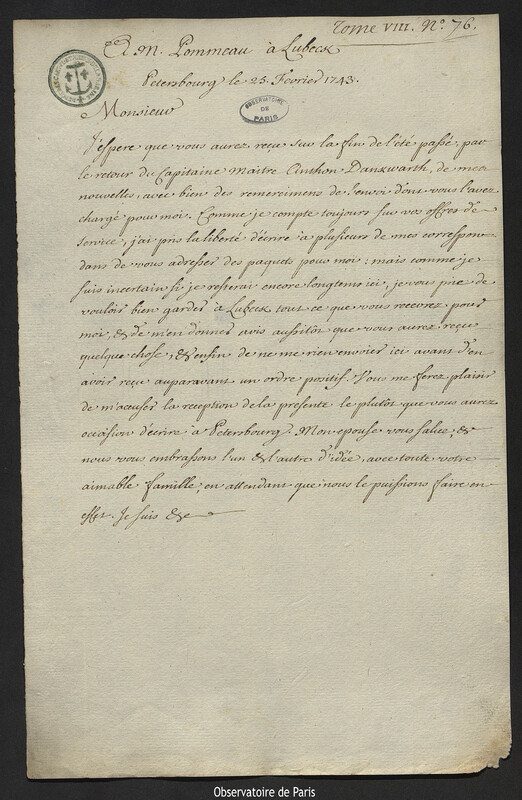 Lettre de Joseph-Nicolas Delisle à André Pommeau, Saint-Pétersbourg, 25 février 1743