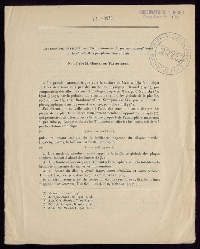 (1945) Publications de l'Observatoire du Houga (Gers)