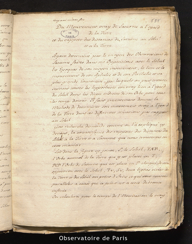 CASSINI II. Du mouvement vrai de Saturne à l'égard de la Terre et du rapport des distances de Saturne au Soleil et à la Terre