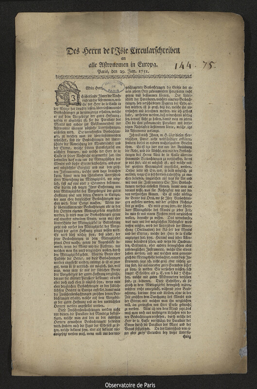 Lettre de Georg Matthias Bose à Joseph-Nicolas Delisle, 29 janvier 1751