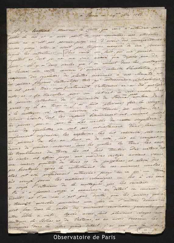 Lettre de Fortis (abbé) à Cassini [III ou IV], Vérone le 24 septembre 1783