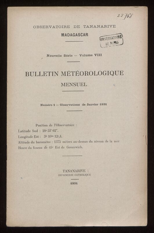 (1931) Bulletin météorologique mensuel de l'Observatoire de Tananarive