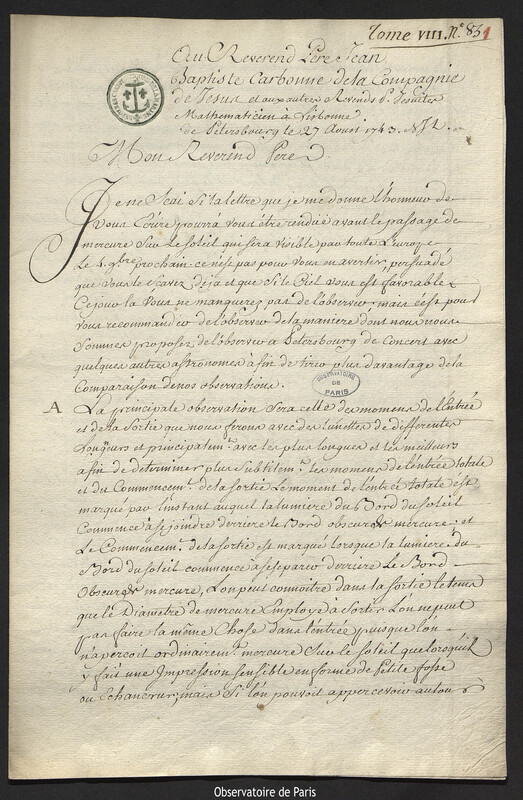 Lettre de Joseph-Nicolas Delisle à Jean-Baptiste Carbone, Saint-Pétersbourg, 27 août 1743