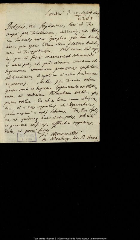 Lettre de Henry Oldenburg à Jan Heweliusz, Londres, 12 octobre 1667