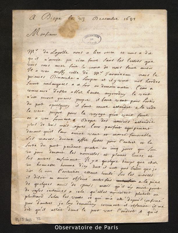 Lettre de Deshayes, Dieppe le 23 décembre 1681