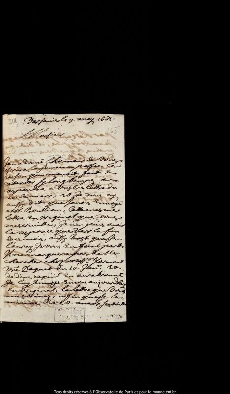 Lettre de Pierre Des Noyers à Jan Heweliusz, Varsovie, 9 mai 1681