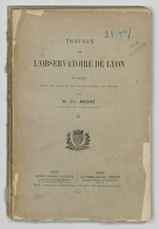 (1912) Travaux de l'Observatoire de Lyon