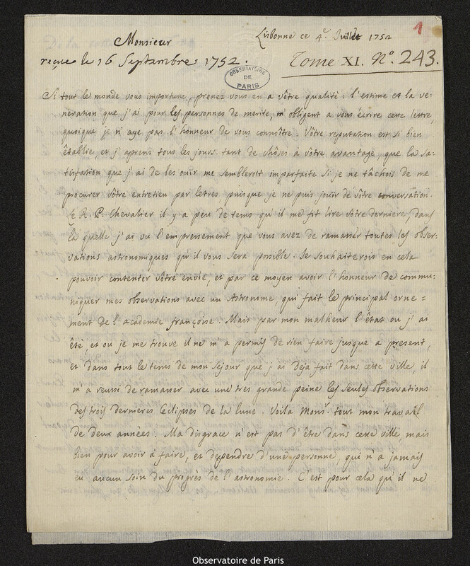 Lettre de Jean Ange Brunelli à Joseph-Nicolas Delisle, Lisbonne, 4 juillet 1752