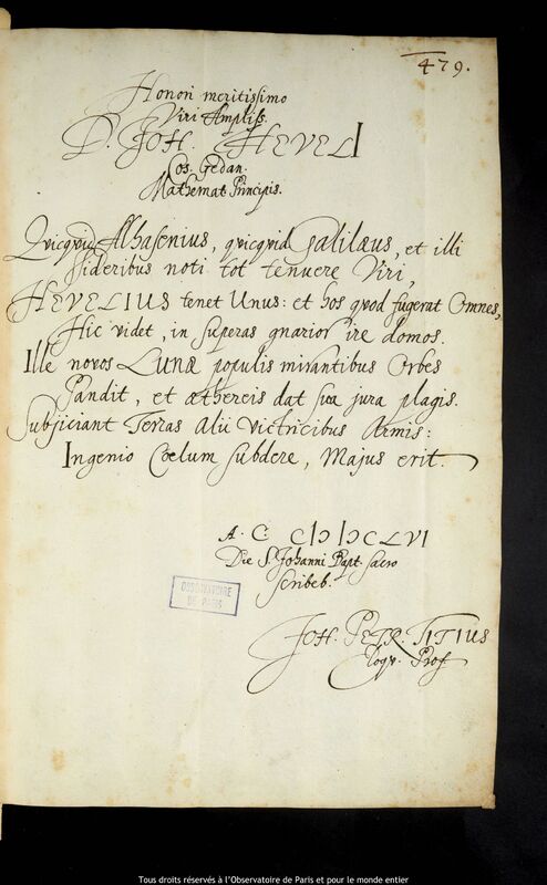 Texte manuscrit de Johann Peter Titz à Jan Heweliusz, Gdansk, 24 juin 1656