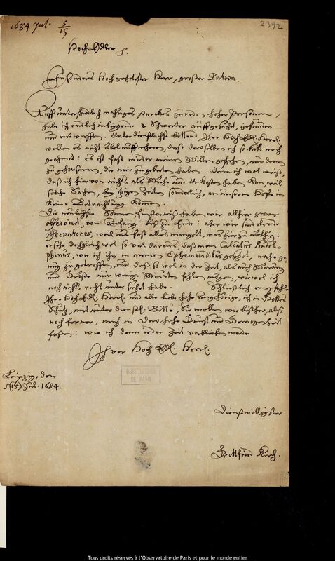 Lettre de Gottfried Kirch à Jan Heweliusz, Leipzig, 5 juillet 1684