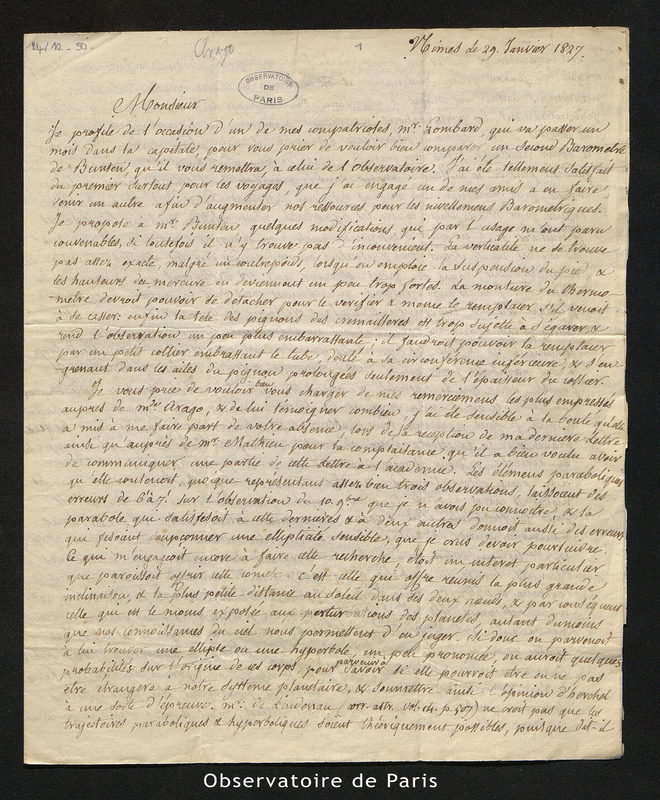 Lettre de Benj. Valz à [Arago], Nîmes le 29 janvier 1827