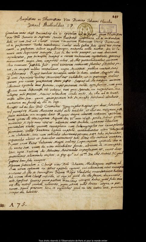 Lettre d'Ismaël Boulliau à Jan Heweliusz, Paris, 7 janvier 1650