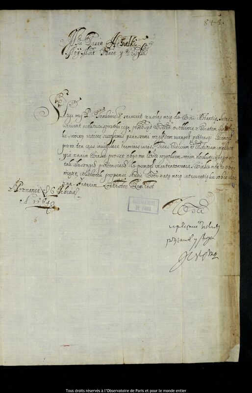 Lettre d’un auteur non identifié à Jan Heweliusz, Poznan, 6 février 1664