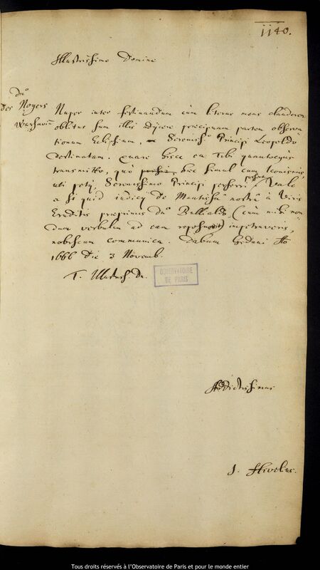 Lettre de Jan Heweliusz à Pierre Des Noyers, Gdansk, 3 novembre 1666