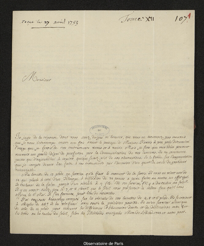 Lettre de Alexandre-Gui Pingré à Joseph-Nicolas Delisle, Rouen, 26 avril 1753