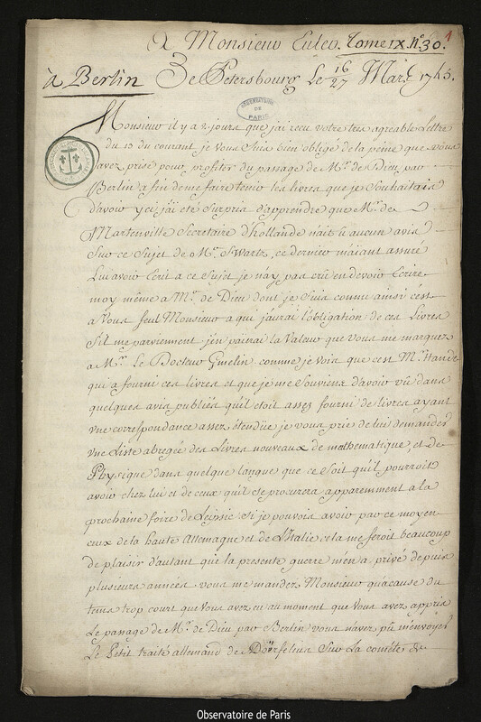 Lettre de Joseph-Nicolas Delisle à Leonhard Euler, Saint-Pétersbourg,27 mars 1745