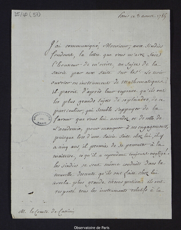 Lettre de M. Le Noir, lieutenant général de police de Paris à Cassini IV, à Paris le 3 août 1785