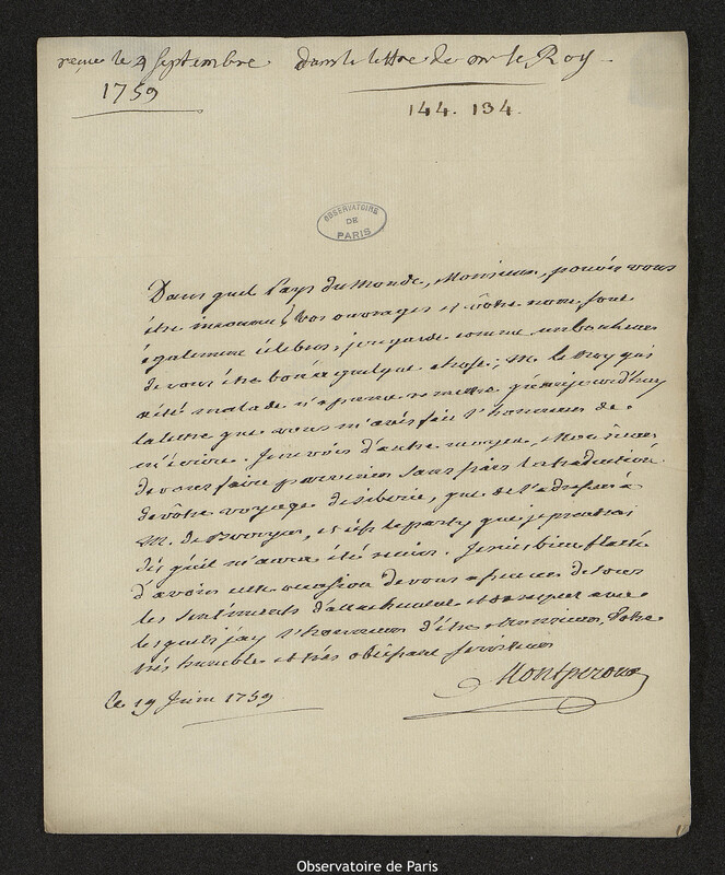 Lettre de Etienne-Jean de Guimard des Rocheretz, baron de Montpéroux à Joseph-Nicolas Delisle, 19 juin 1759