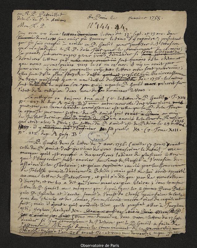 Lettre de Joseph-Nicolas Delisle à Louis Patouillet, Paris, janvier 1758