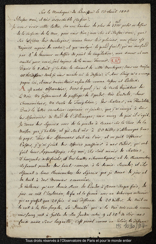 Lettre du baron Franz Xaver von Zach à Joseph Jérôme Le françois de Lalande Sur la montagne de Brocken, 23 août 1803