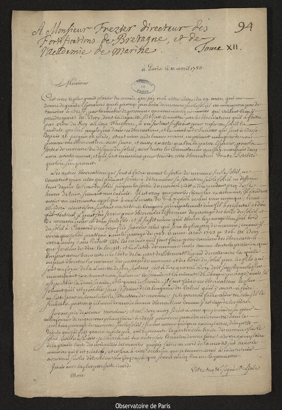 Lettre de Joseph-Nicolas Delisle à Amédée Frezier, Paris, 11 avril 1753