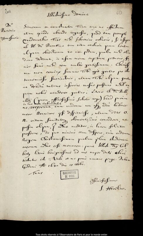 Lettre de Jan Heweliusz à Pierre Des Noyers, Gdansk, 15 février 1680