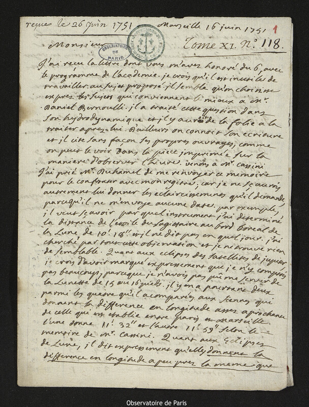 Lettre de Esprit Pezenas à Joseph-Nicolas Delisle, Marseille, 16 juin 1751