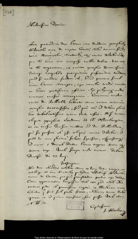 Lettre de Jan Heweliusz à Pierre Des Noyers, Gdansk, 23 juin 1672