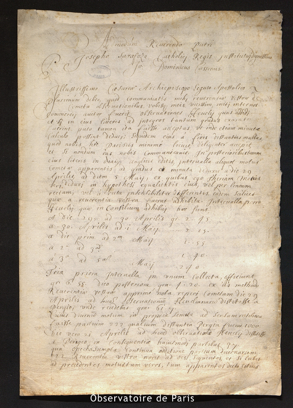 Lettre de Cassini I à J. Zaragoza