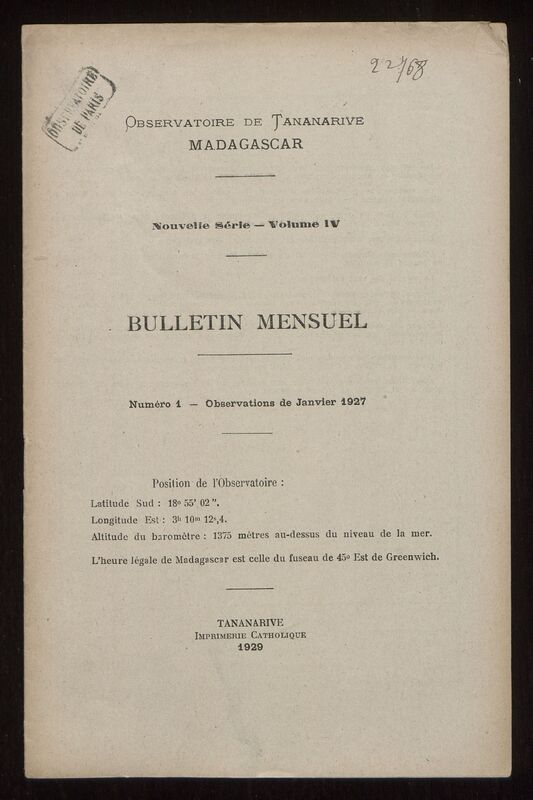 (1927) Bulletin mensuel de l'Observatoire de Tananarive