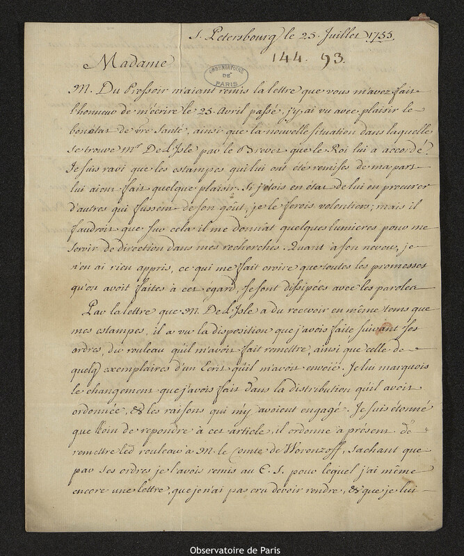 Lettre de Marc Leblond à Madeleine Delisle, Saint-Pétersbourg, 25 juillet 1755