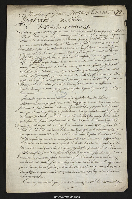 Lettre de Joseph-Nicolas Delisle à John Rocque, Paris, 13 octobre 1751