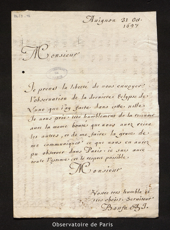 Lettre de Bonfa à Cassini [I], Avignon le 31 octobre 1697