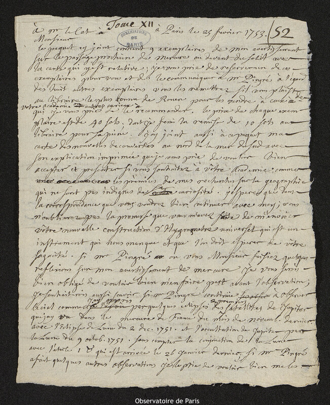 Lettre de Joseph-Nicolas Delisle à Claude-Nicolas Le Cat, Paris, 25 février 1753