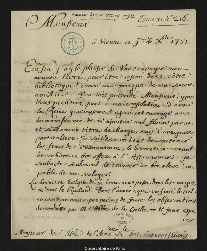 Lettre de Giovanni Giacomo Marinoni à Joseph-Nicolas Delisle, Vienne, 9 décembre 1751