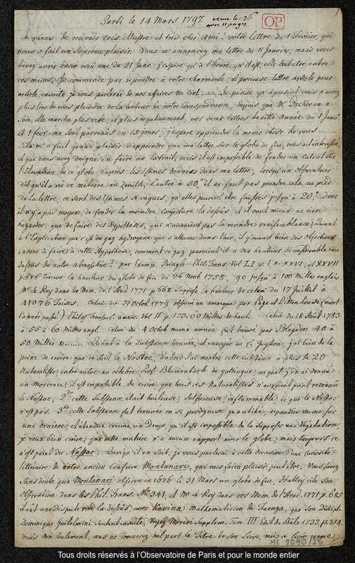 Lettre du baron Franz Xaver von Zach à Joseph Jérôme Le françois de Lalande [Gotha], 14 mars 1797