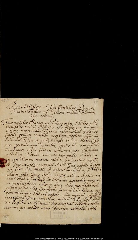 Lettre de Christoph Krüger à Jan Heweliusz, Gdansk, 20 juin 1684