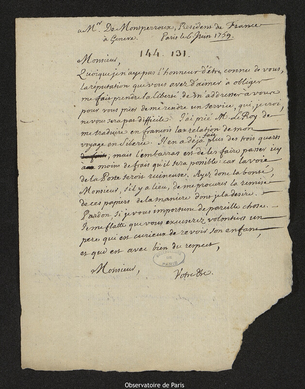 Lettre de Joseph-Nicolas Delisle à Etienne-Jean de Guimard des Rocheretz, baron de Montpéroux, Paris, 6 juin 1759