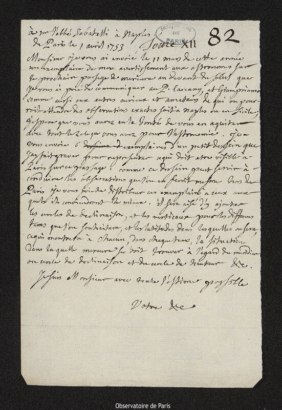 Lettre de Joseph-Nicolas Delisle à Felice Sabatelli, Paris, 1 avril 1753