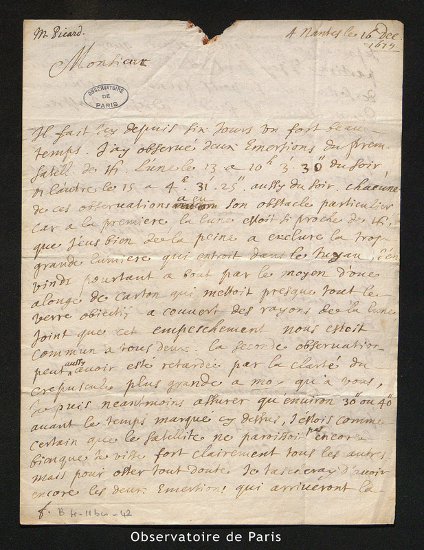 Lettre de Picard à Cassini I, Nantes le 16 décembre 1679