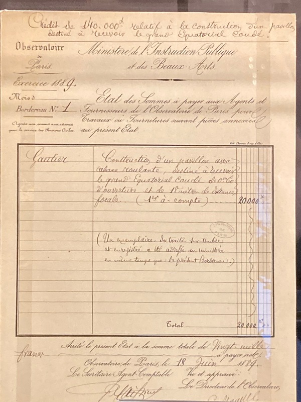 Bordereau de paiement pour l’abri du grand équatorial coudé