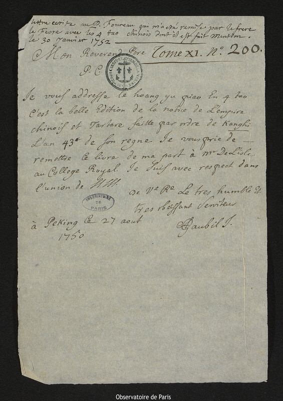 Lettre de Antoine Gaubil à Pierre Foureau,Pékin, 27 août 1750