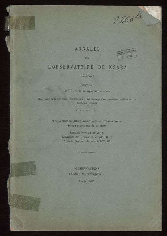 (1927) Annales de l'Observatoire de Ksara (Liban). Observations (Section Météorologique)