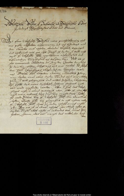 Lettre de Joachim Frisich à Jan Heweliusz, Torun, 3 août 1677