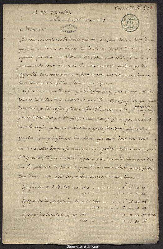 Lettre de Joseph-Nicolas Delisle à Jacques Philippe Maraldi, Paris, 15 mars 1723